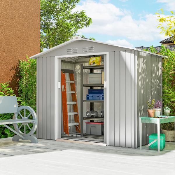 Abrigo de Jardim 2,42 m 213x130x185 cm Abrigo de Jardim Metálico para Armazenamento com 2 Portas Deslizantes e 4 Janelas Cinza Claro