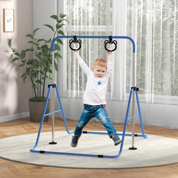 Barra de Ginástica para Crianças com Altura Ajustável em 5 Níveis Anéis e Dobrável 148x105x88 - 128 cm Azul