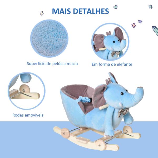 Cavalo Baloiço com Rodas e Forma de Elefante com Músicas Infantis e Cinto de Segurança 60x35x45 cm Azul