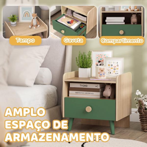 Mesa de Cabeceira para Crianças dos 3 aos 10 Anos com Gaveta e Cantos Arredondados, Verde e Carvalho