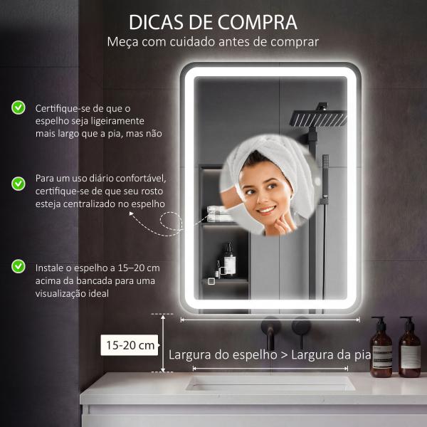 Espelho Casa de Banho com Luzes LED 70x100 cm Função Antiembaciamento 3 Temperaturas de Cor Ajustável e Função de Memória Prata