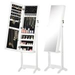 Espelho Joalheiro de Pé com Ângulos Ajustáveis Fechadura Magnética Organizador de Joias com Prateleiras 46x36,5x151,5cm Branco
