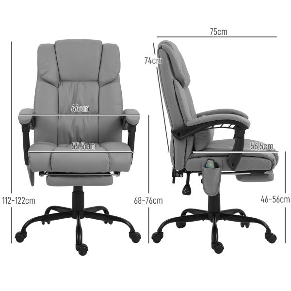 Cadeira de Escritório com Massagem de 6 Pontos Encosto Alto Reclinável Apoio para Pés e Controlo Remoto 66x75x112 - 122 cm Cinza