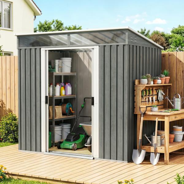 Abrigo de Jardim Exterior 2 m² 195x122x181,5 cm Abrigo Metálico com Base SEM CHÃO 2 Portas de Correr Janelas Cinza Claro