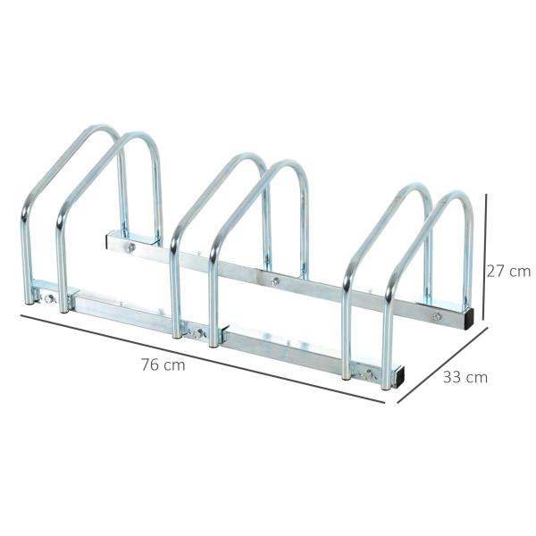 Estacionamento para 3 Bicicletas Suporte de Aço para Estacionar Bicicletas no Chão para Interior e Exterior 76x33x27cm Prata