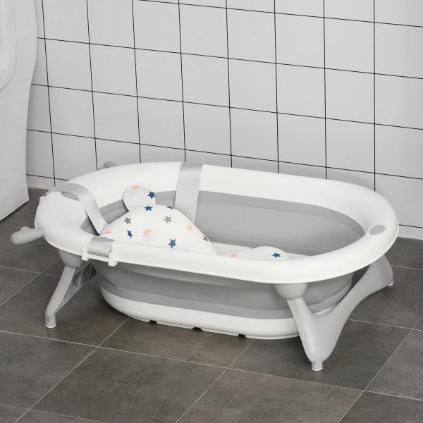 Banheira para Bebé Recém Nascido até 3 Anos Dobrável 30 Litros com Tampa Termossensível e Almofada Confortável Almofadas Antiderrapantes 81,5x50,5x23,5cm Cinza e Branco