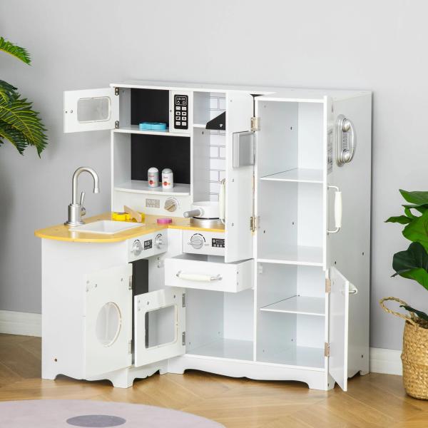 Cozinha Infantil de Madeira para Crianças de 3 - 6 Anos com Sons 14 Acessórios Cozinha Infantil com Telefone Lavatório Microondas e Grifo 82x65x87cm Branco