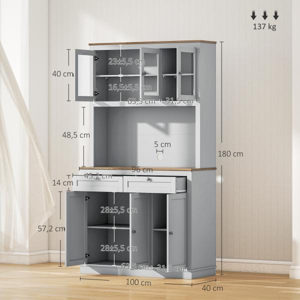 Armário de Cozinha com 3 Portas de Vidro Compartimento Aberto 2 Gavetas e Prateleiras Ajustáveis 100x40x180 cm Cinzento