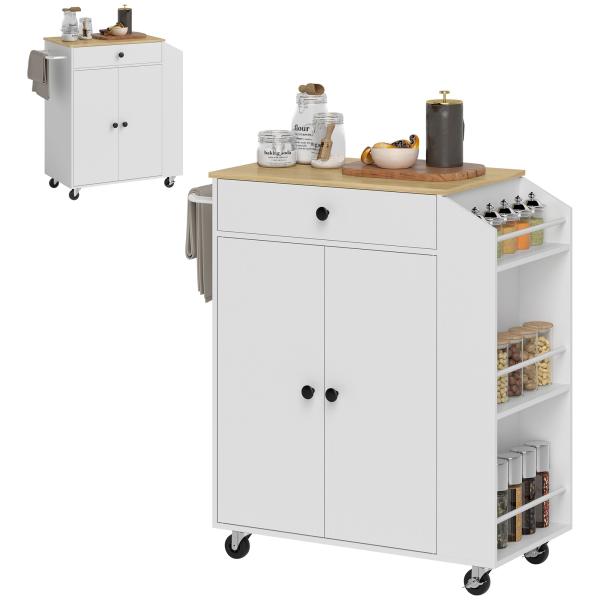 Ilha de Cozinha com Rodas com Gaveta Suporte para Temperos de 3 Níveis e Prateleira Ajustável 82x38x86,5 cm Branco
