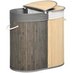 Cesto de Roupa de Bambu Capacidade de 100L com Tampa Rebatível e 2 Compartimentos 62,5x37x60,5cm Cinza e Madeira