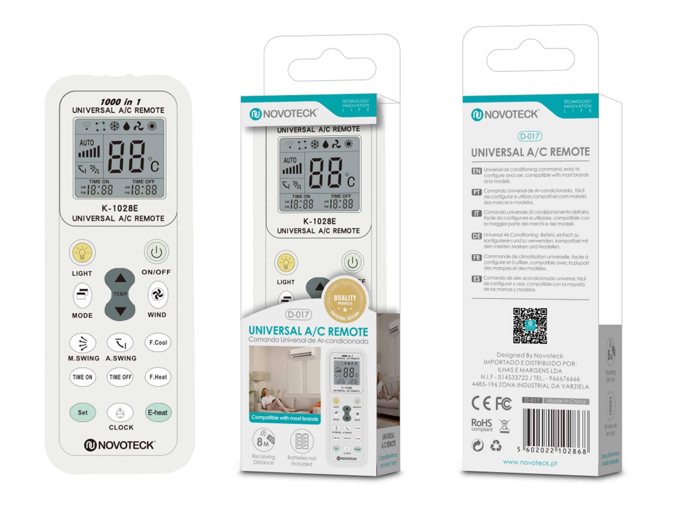 Controle Remoto Universal Novoteck para Ar Condicionado D - 017 - Compatível com Múltiplas Marcas