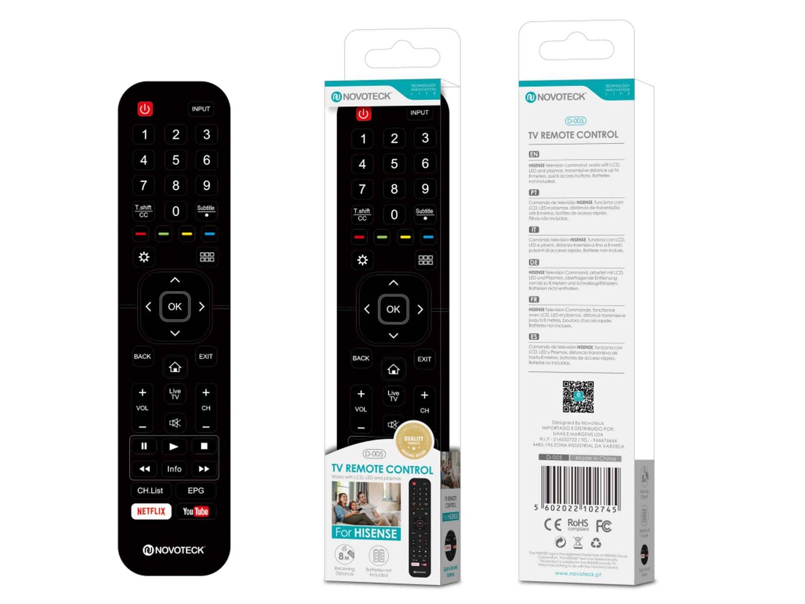 Controle Remoto Universal Novoteck para Hisense com Botões Netflix/YouTube D-005