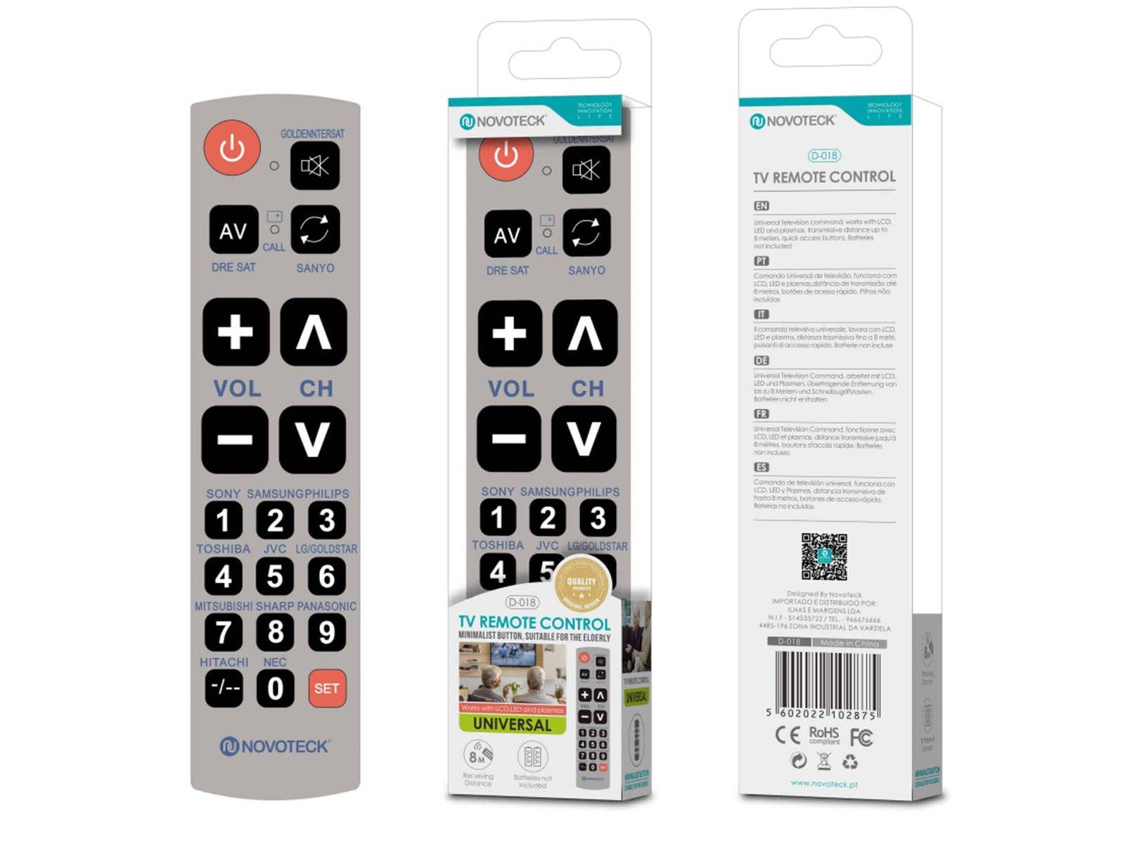Controle Remoto Universal com Botões Grandes Novoteck D-018 - Ideal para Idosos e Visão Limitada - Compatível com Diversas Marcas