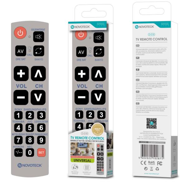 Controle Remoto Universal com Botões Grandes Novoteck D - 018 - Ideal para Idosos e Visão Limitada - Compatível com Diversas Marcas
