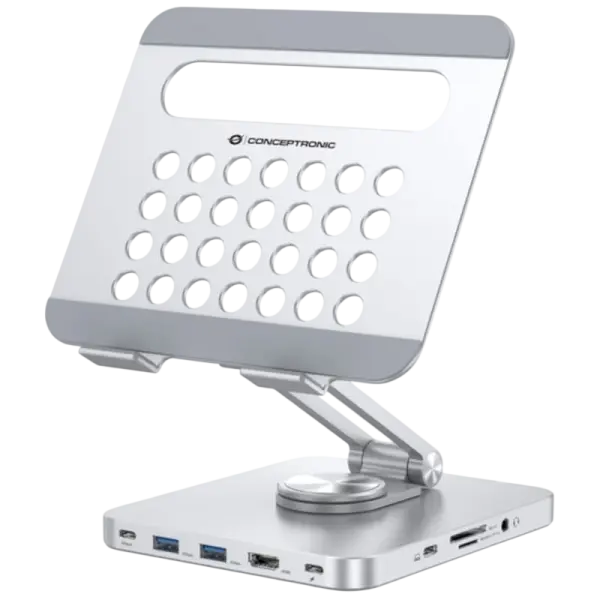 Docking Station USB - C 8 - EM - 1 c/ Suporte Dobrável p/ Tablet (Prateado) - CONCEPTRONIC