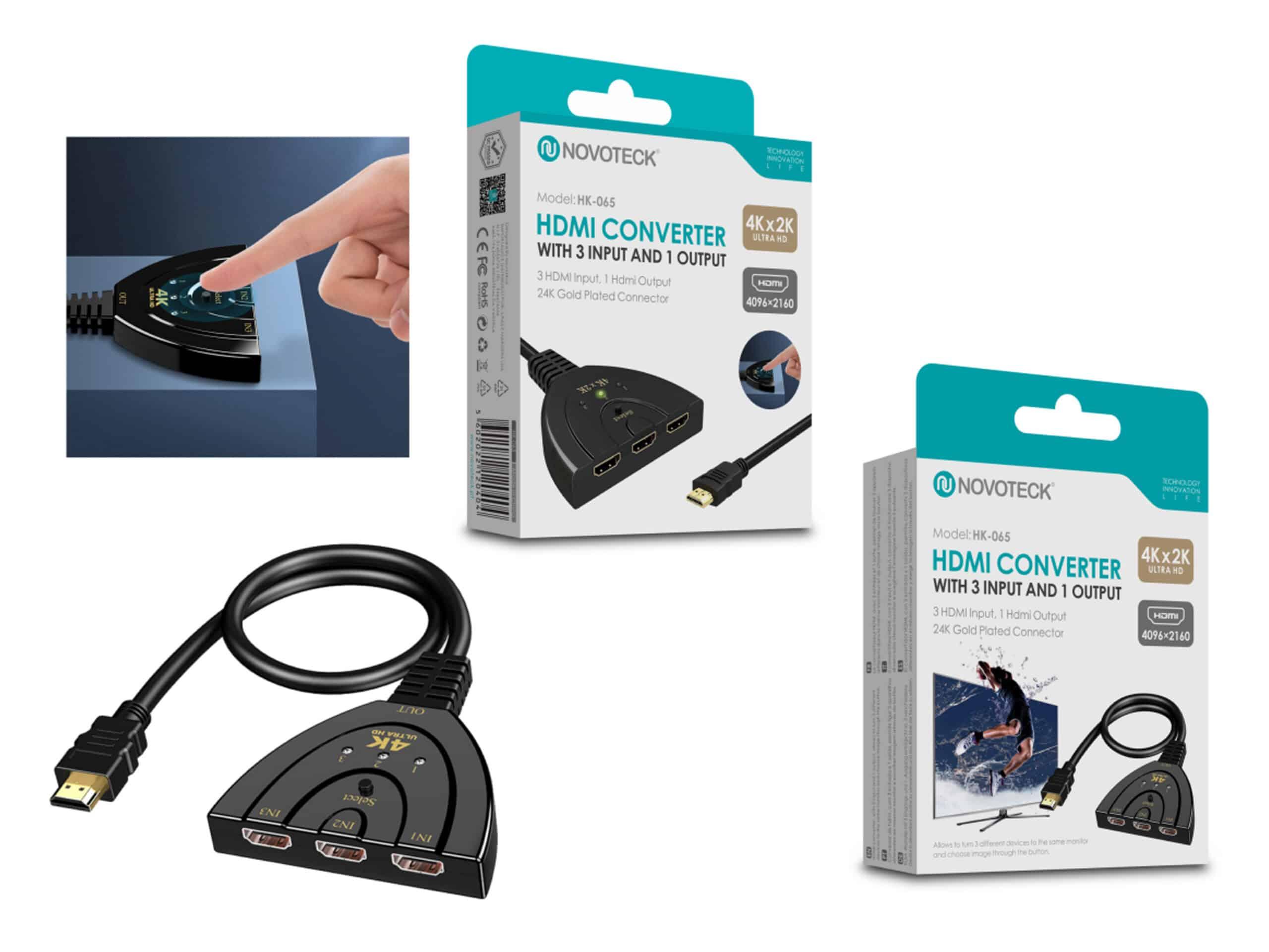 Conversor HDMI NOVOTECK - Selecionador 3 em 1 com 4K Ultra HD HK - 065