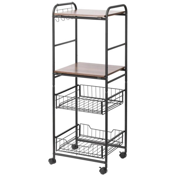 Carro de Cozinha com Rodas Carrinho Auxiliar de Armazenamento com 2 Prateleiras 2 Cestas Removíveis 4 Ganchos 40x38x111cm Nogueira e Preto