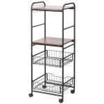 Carro de Cozinha com Rodas Carrinho Auxiliar de Armazenamento com 2 Prateleiras 2 Cestas Removíveis 4 Ganchos 40x38x111cm Nogueira e Preto