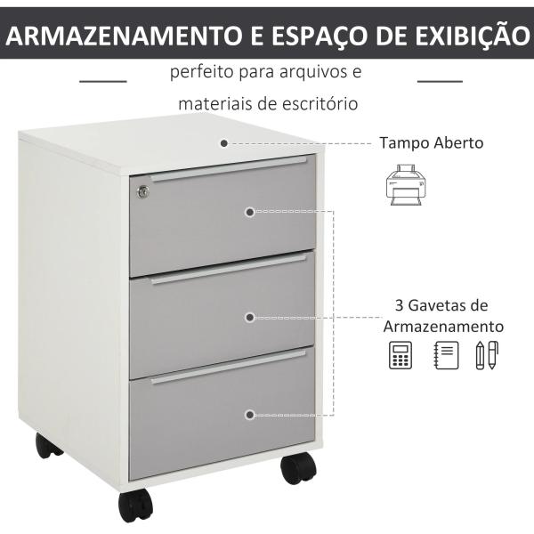 Bloco de Gavetas Móvel de Escritório com 3 Gavetas Fechadura Rodas e Travão para Documentos 40x40x63,5 cm Branco e Cinza
