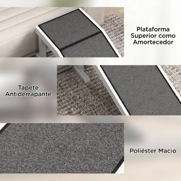 Rampa de Madeira para Animais com Tapete Antiderrapante para Cães Pequenos ou Séniores 125x40x35,5 cm Branco e Cinzento