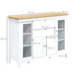 Aparador de Cozinha com Armário 2 Gavetas 2 Portas de Vidro e Prateleiras Ajustáveis Móvel Auxiliar de Armazenamento para Sala de Jantar Sala de Estar 120x40x90 cm Branco