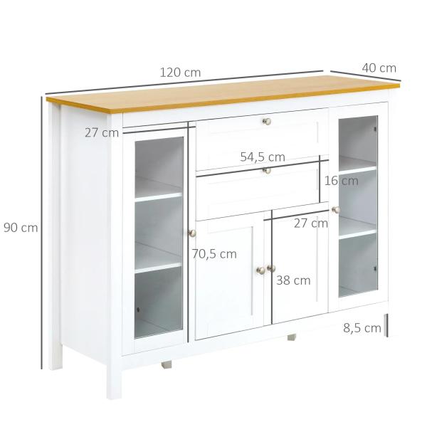 Aparador de Cozinha com Armário 2 Gavetas 2 Portas de Vidro e Prateleiras Ajustáveis Móvel Auxiliar de Armazenamento para Sala de Jantar Sala de Estar 120x40x90 cm Branco