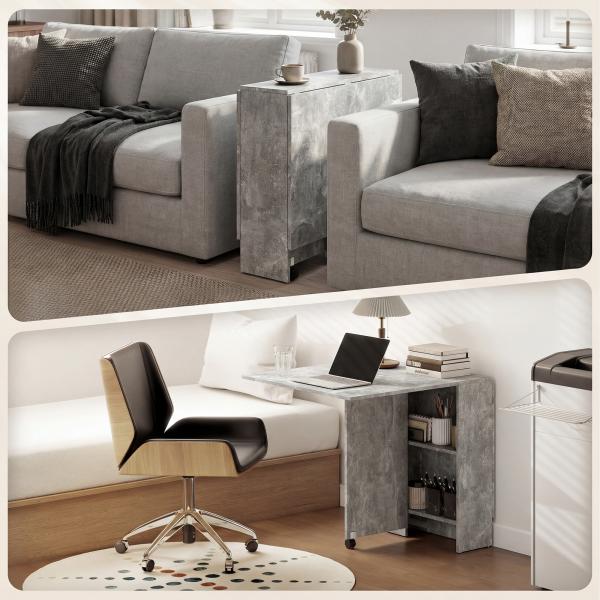 Mesa de Sala de Jantar Dobrável com 2 Prateleiras de Armazenamento e Rodas para Cozinha 75x140x74 cm Cinza