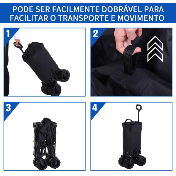 Carrinho de Transporte Dobrável com Rodas Giratórias 360° e Guiador Ajustável 59 - 89 cm para Campismo Praia 108x55x61 - 91 cm Preto