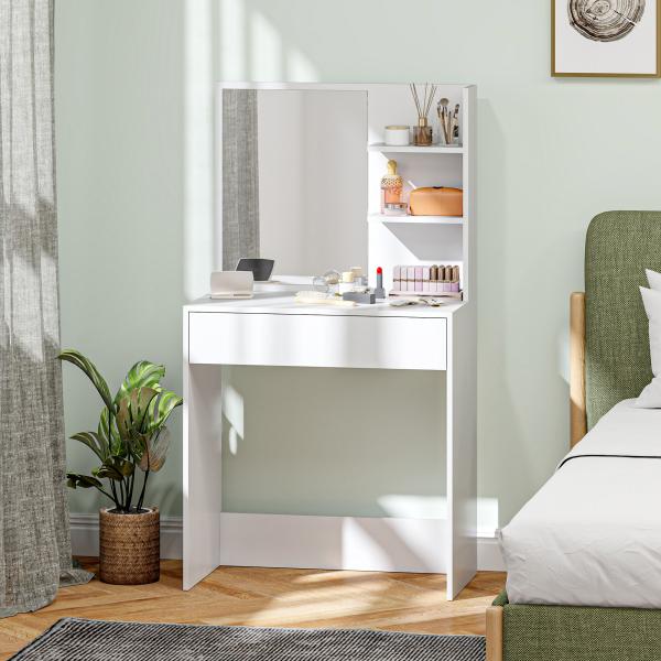 Toucador de Maquilhagem com Espelho Mesa de Maquilhagem com Gaveta e Prateleiras Abertas 75x40x137 cm Branco