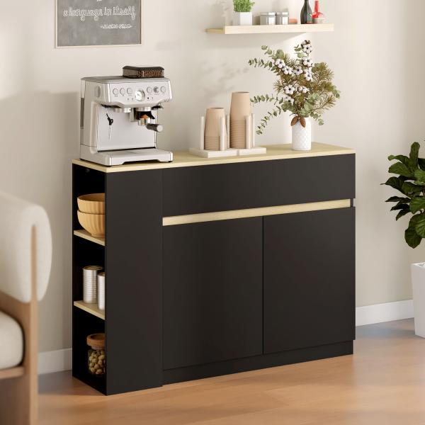 Aparador de Cozinha com Armário 2 Gavetas 3 Prateleiras Abertas 2 Portas e Prateleira Ajustável 110x29,5x82 cm Preto