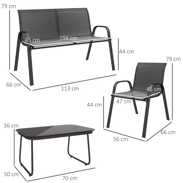 Conjunto de Jardim Exterior 4 Peças com 2 Cadeiras Empilháveis 1 Sofá de 2 Lugares e Mesa de Centro com Bancada de Vidro Temperado Preto
