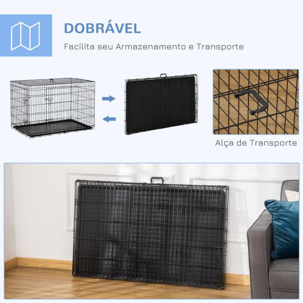 Gaiola para Cães com 2 Portas Gaiola para Animais de Estimação de Arame Dobrável com Alça de Transporte Aço 121x74,5x81cm Preto
