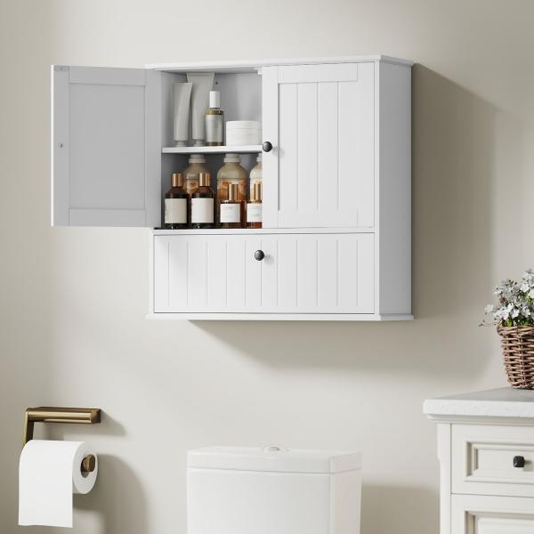 Armário Casa de Banho de Parede Rústico com Prateleira Ajustável Dupla Porta Porta Basculante e Fecho Magnético 60x19,5x60 cm Branco