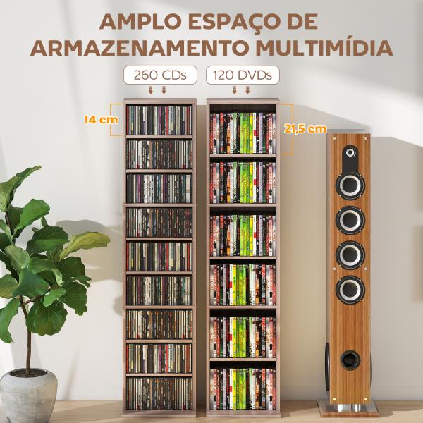 Estante para CDs e DVDs Suportes para CD Estreitos com 9 Compartimentos Prateleiras Ajustáveis 33x24x140 cm Madeira