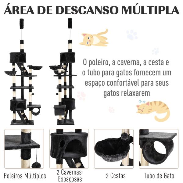 Árvore arranhador para Gatos com Altura Ajustável Plataformas Múltiplas Caverna Cestas e Escadas em Sisal Natural e Pelúcia 60x45x240 - 260 cm Cinza Escuro