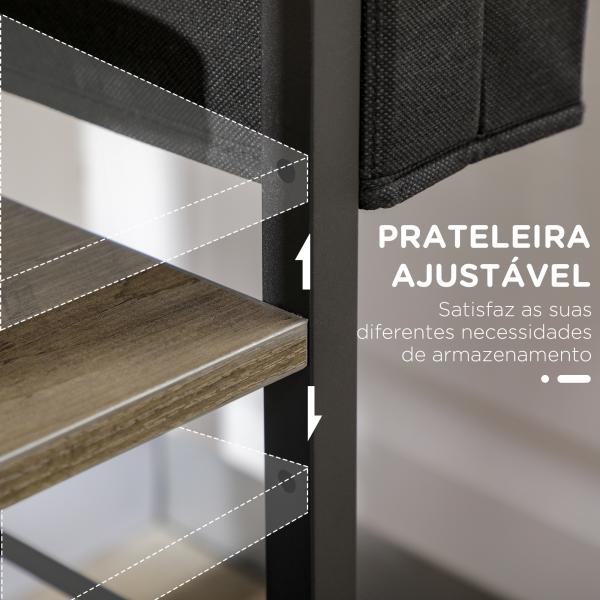 Carrinho Auxiliar com Rodas Carrinho de Armazenamento de 3 Níveis com Bolsa de Tecido 2 Ganchos 66x40x80,5cm Cinza