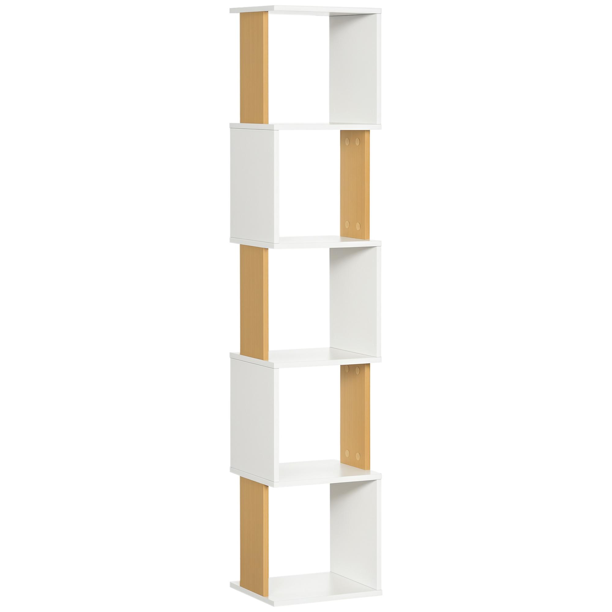 Estante de Livros em Forma de S Estante com 5 Prateleiras Abertas para Sala de Estar Escritório Anti - Tombo 33x28x161cm Branco