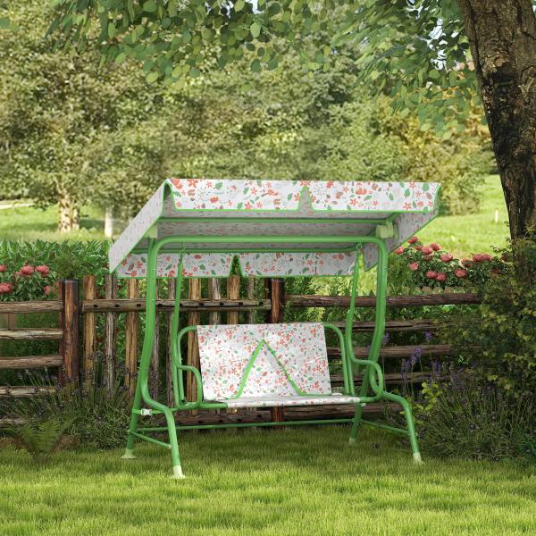 Baloiço de Jardim para Crianças com 2 Lugares Toldo Ajustável Cinto de Segurança e Desenho de Borboletas 112x75x120 cm Verde