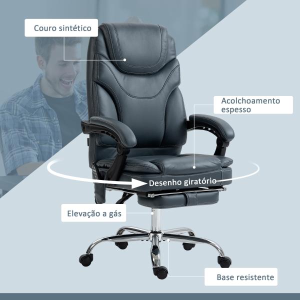 Cadeira de Escritório com 6 Pontos de Massagem por Vibração Aquecimento Estofada em Couro PU 67x67x113 - 121 cm Cinza
