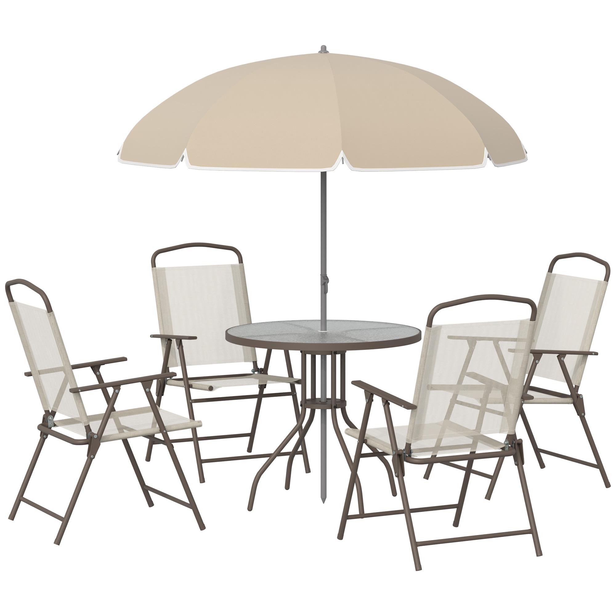 Conjunto de Jardim Refeição 6 Peças com 4 Cadeiras Dobráveis Mesa com Bancada de Vidro e Chapéu de Sol Bege