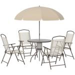 Conjunto de Jardim Refeição 6 Peças com 4 Cadeiras Dobráveis Mesa com Bancada de Vidro e Chapéu de Sol Bege