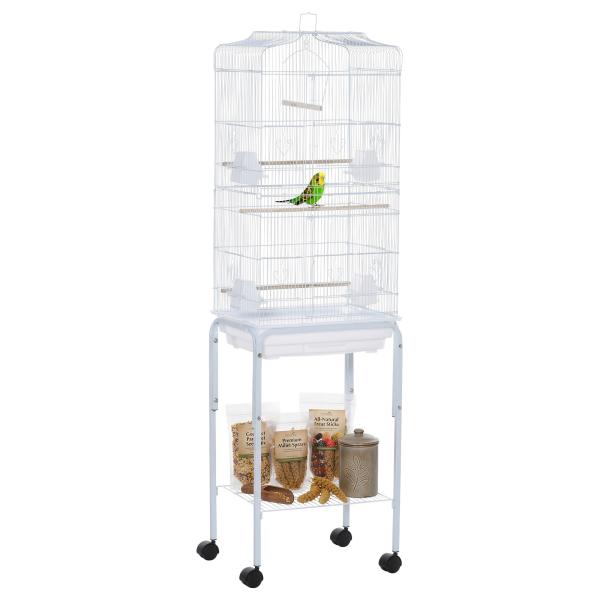 Gaiola para Passáros com Suporte com 4 Rodas Portas 4 Comedouros 3 Poleiros e Bandeja Removível 46,5x36x157cm Branco