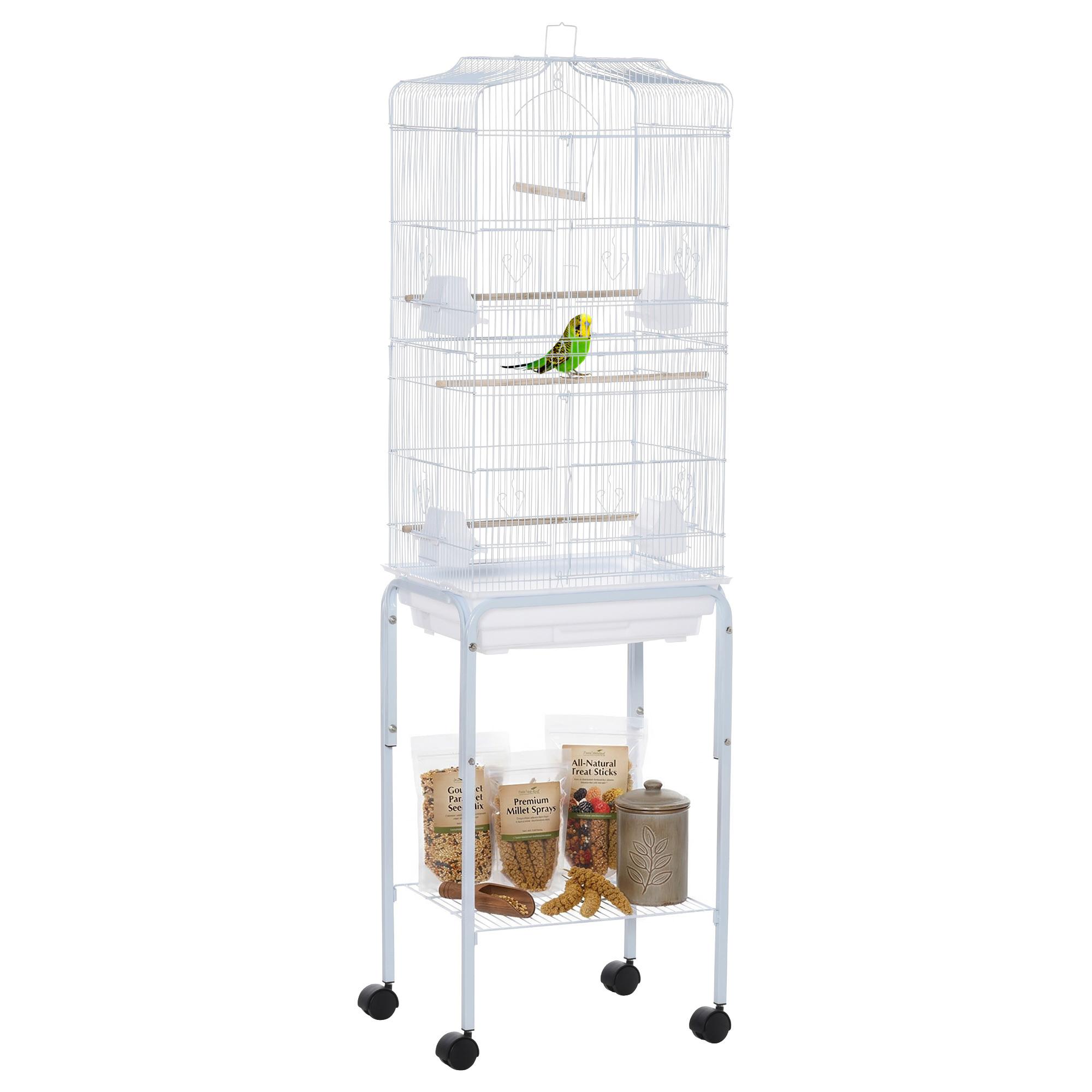 Gaiola para Passáros com Suporte com 4 Rodas Portas 4 Comedouros 3 Poleiros e Bandeja Removível 46,5x36x157cm Branco