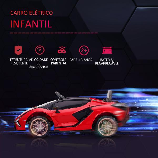 Carro Elétrico Lamborghini SIAN 12V para Crianças de 3 - 5 anos com Controle Remoto Abertura da Porta Música MP3 USB e Faróis 108x62x40cm Vermelho