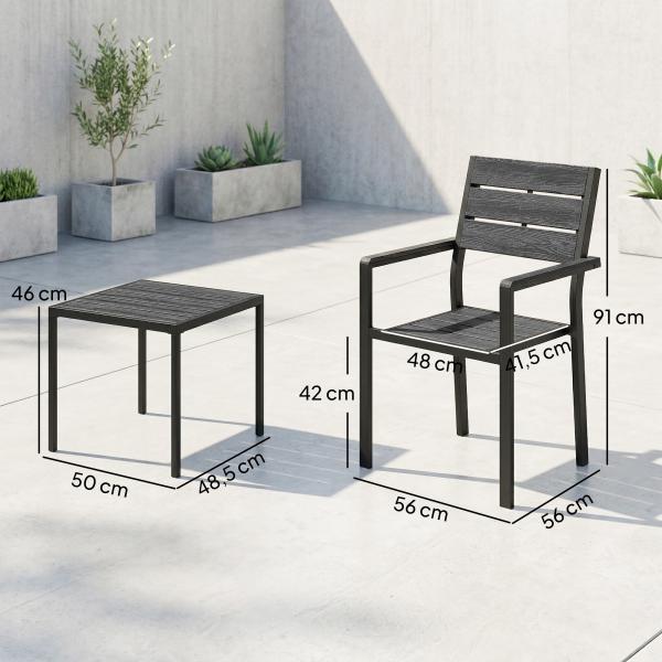 Conjunto de Jardim de 3 Peças com 2 Cadeiras e Mesa de HDPE Design com Ripas Efeito Madeira para Varanda Preto