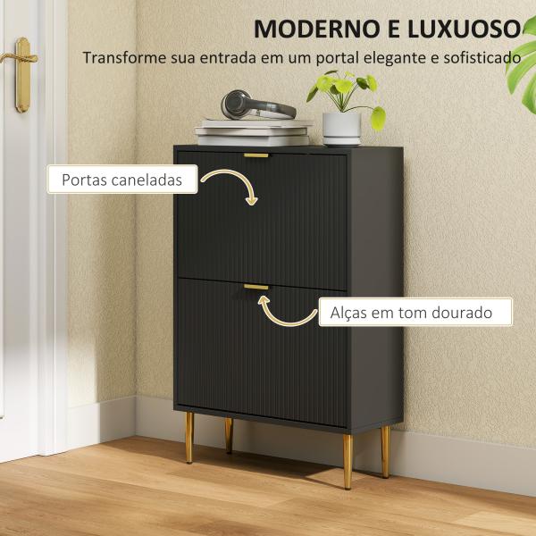 Sapateira Estreita com 2 Portas Caneladas e Prateleiras Ajustáveis para 12 Pares de Sapatos, 60x24x91,5 cm, Preto