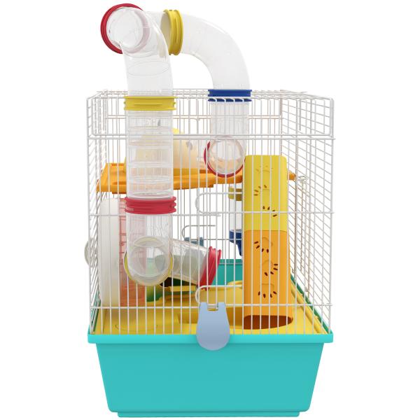 Gaiola para Hamsters com Túnel Plataformas Comedouro Bebedouro Casinha Rampas e Roda de Exercício 45x28x37 cm Azul Claro