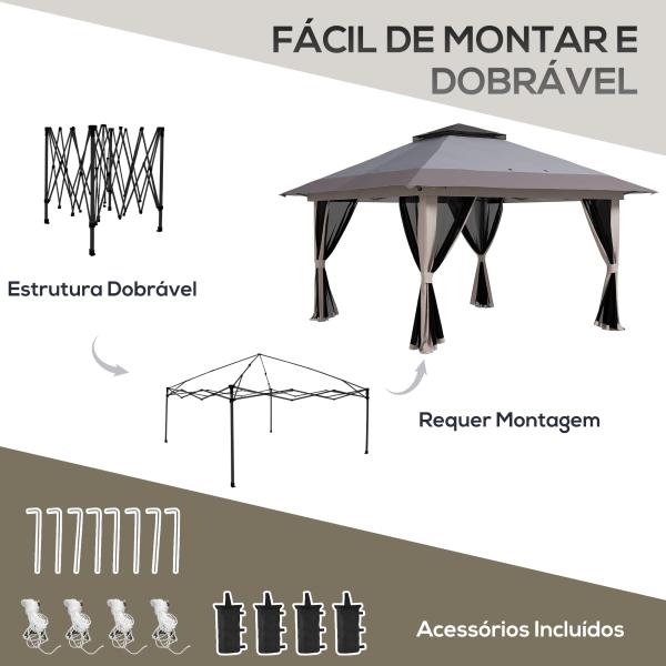 Tenda Dobrável Pop - up com Altura Ajustável Proteção UV50+ Telhado Duplo e Redes Mosquiteiras 4x4x2,8 m Cinzento Claro