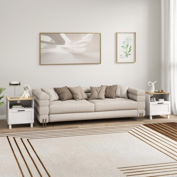 Conjunto de 2 Mesas de Cabeceira Modernas com Gaveta Compartimento Aberto Pés de Madeira 45x38x50 cm Branco