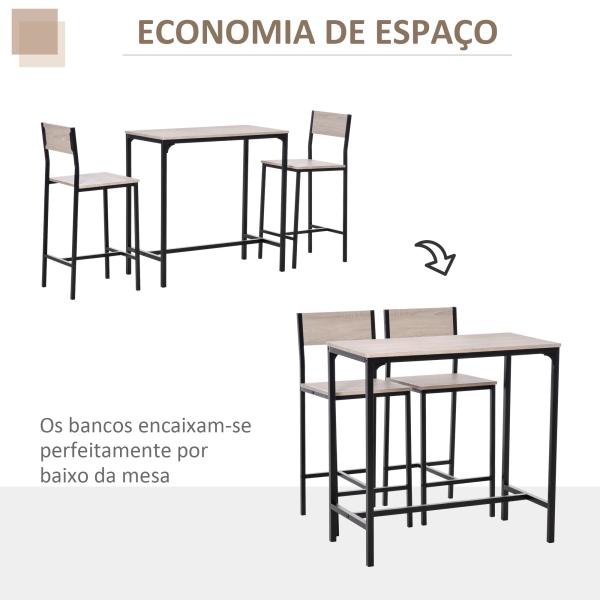 Conjunto de Mesa de Bar com 2 Bancos Conjunto de 3 Peças com 2 Bancos com Encosto e Apoio para Pés Design Industrial Madeira e Preto